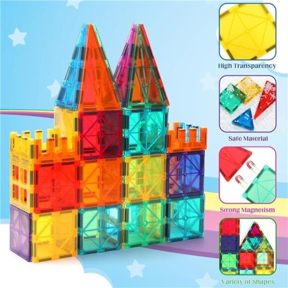 Magnetic Building Tiles for Kids,104PCS Educational Magnetic Stacking Block - Picture 3 of 6